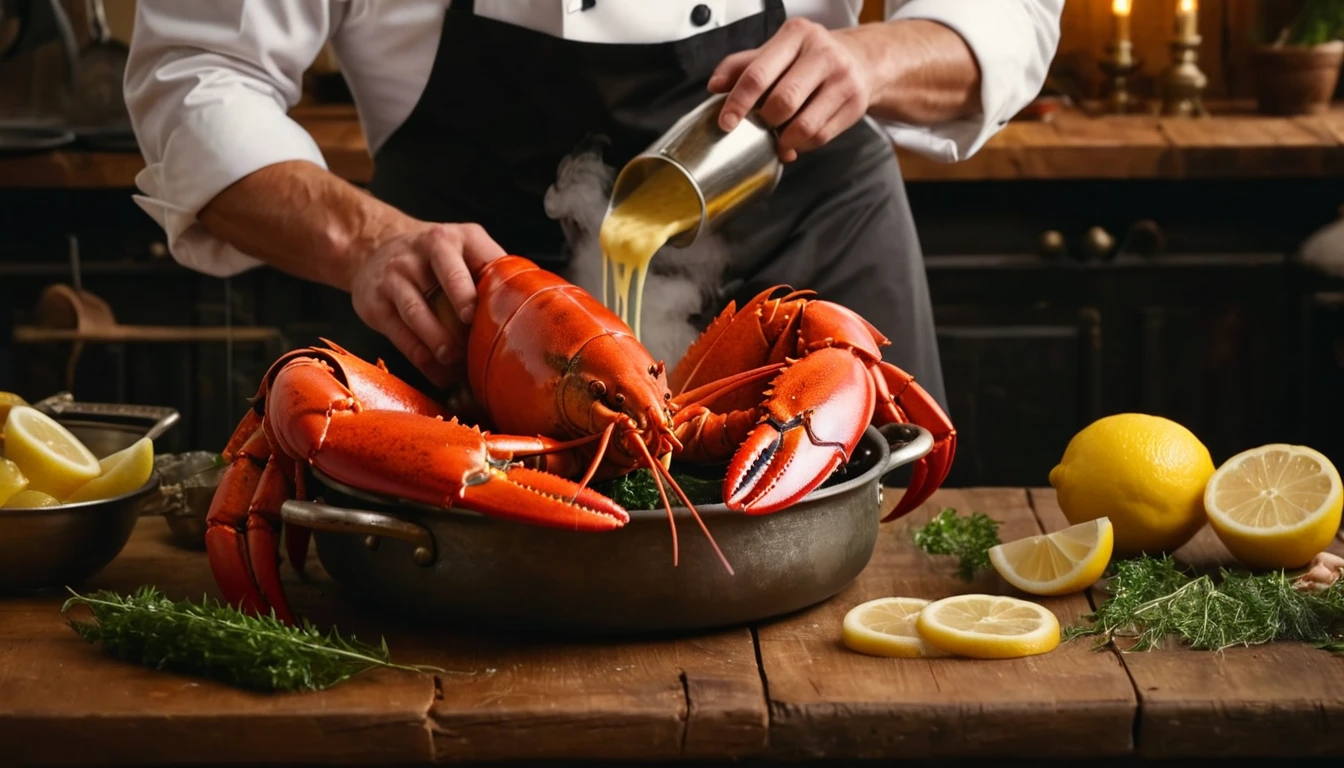 Ein Koch gießt Sauce über einen frischen Hummer in einer Pfanne.