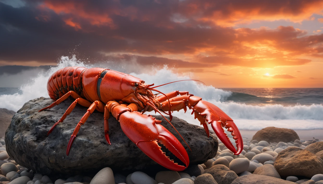 Ein Hummer sitzt auf einem Felsen am Meer, umgeben von Wellen und Steinen.