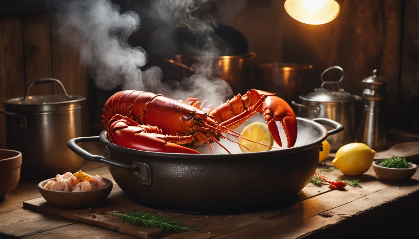 Ein frischer Hummer in einem Topf, umgeben von Zitrone und Kräutern.