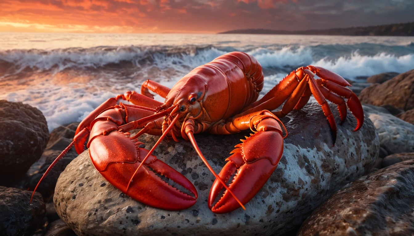 Ein lebendiger Hummer sitzt auf einem Stein am Meer, umgeben von Wellen.
