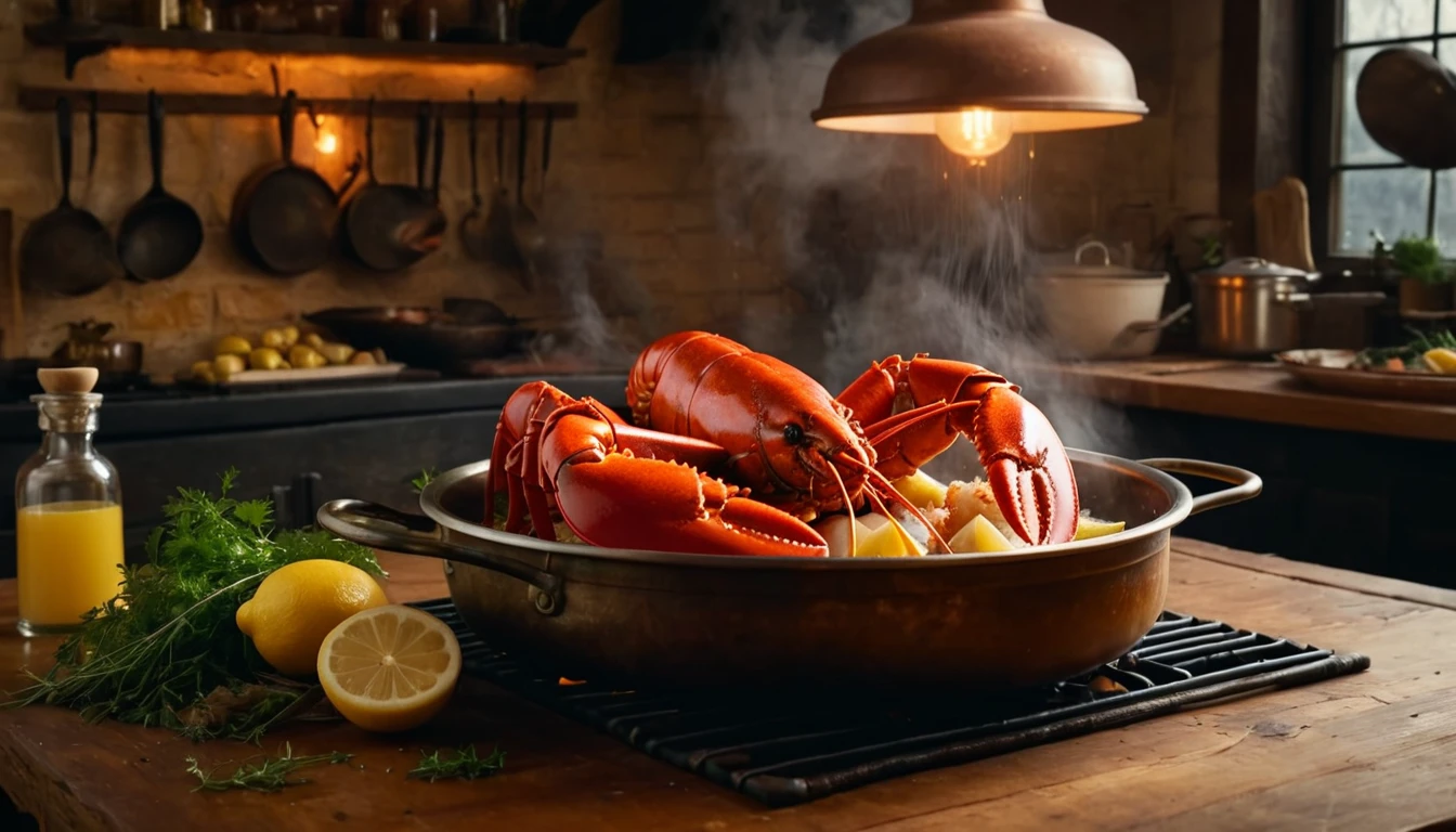 Ein frisch zubereiteter Hummer in einem Topf mit Gemüse und Zitrone.