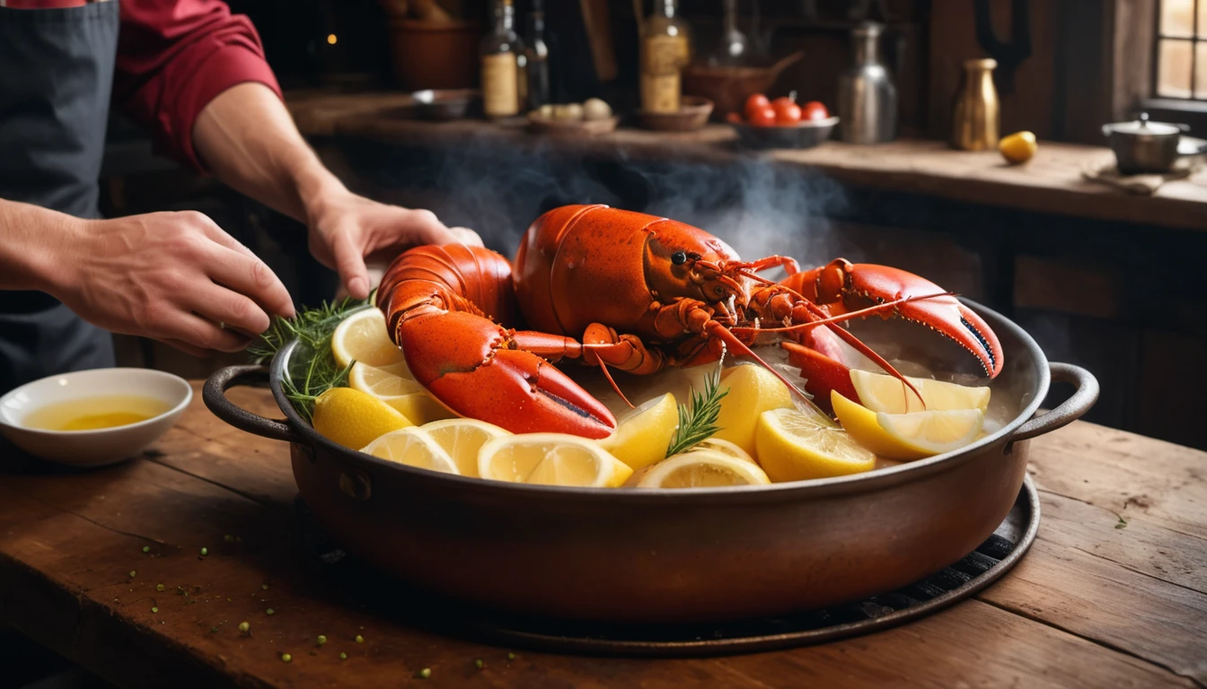 Ein frischer Hummer auf einem Teller mit Zitronenscheiben und Kräutern.