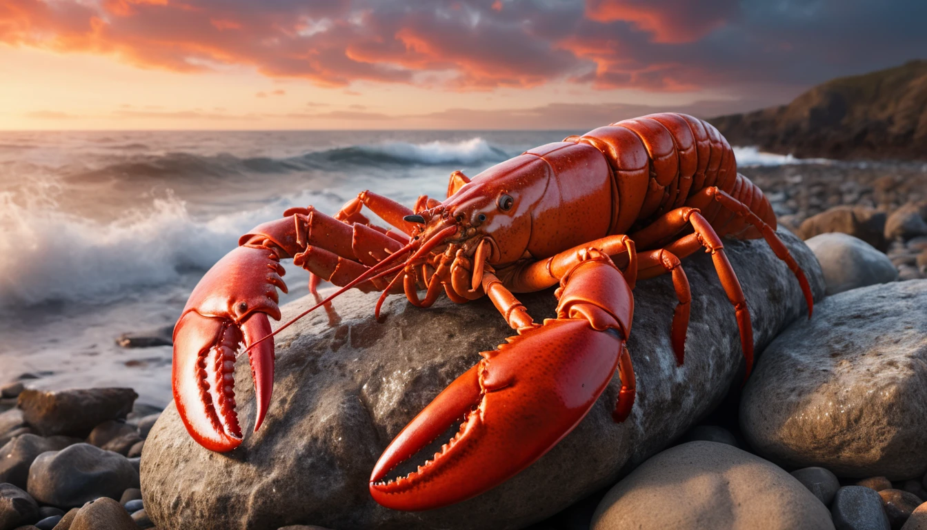 Ein lebendiger Hummer sitzt auf einem großen Stein am Meer.