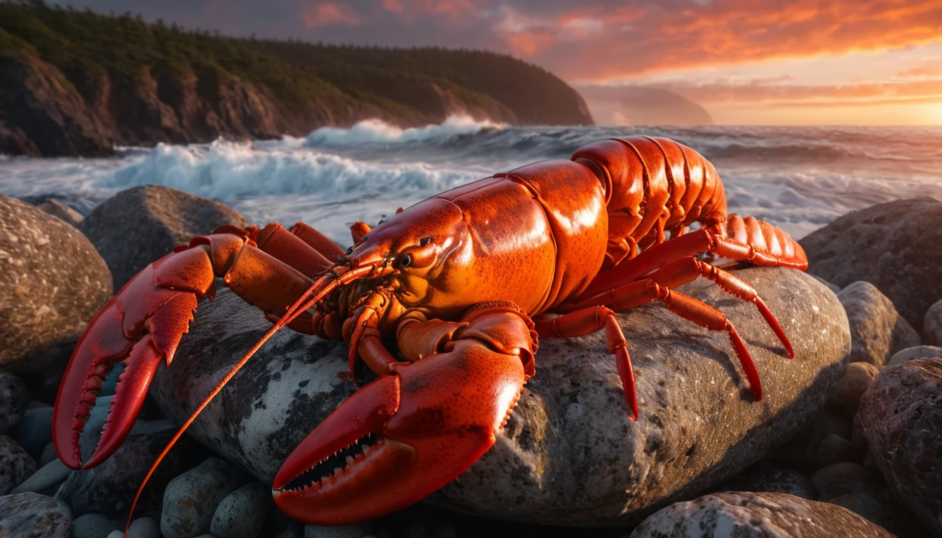 Ein leuchtend roter Hummer sitzt auf einem Stein am Meer.