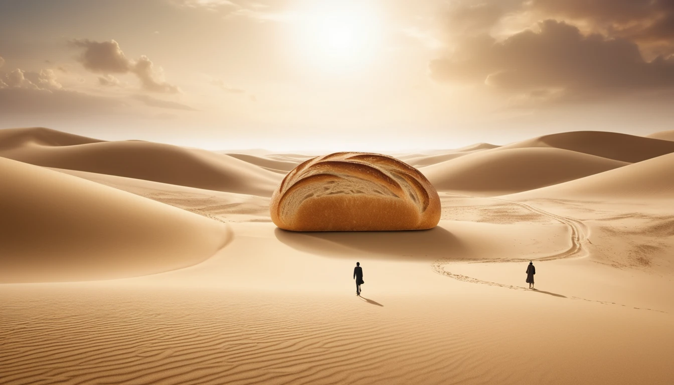 Eine große Brotleib steht in einer Wüstenlandschaft, während zwei Personen darauf zugehen.