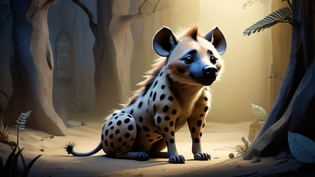 Eine Hyäne sitzt in einem mystischen Wald mit sanftem Licht.