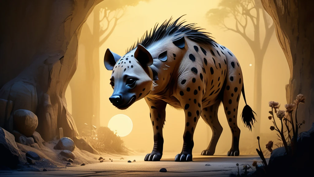 Eine Hyäne steht in einer mystischen Landschaft mit sanftem Licht.