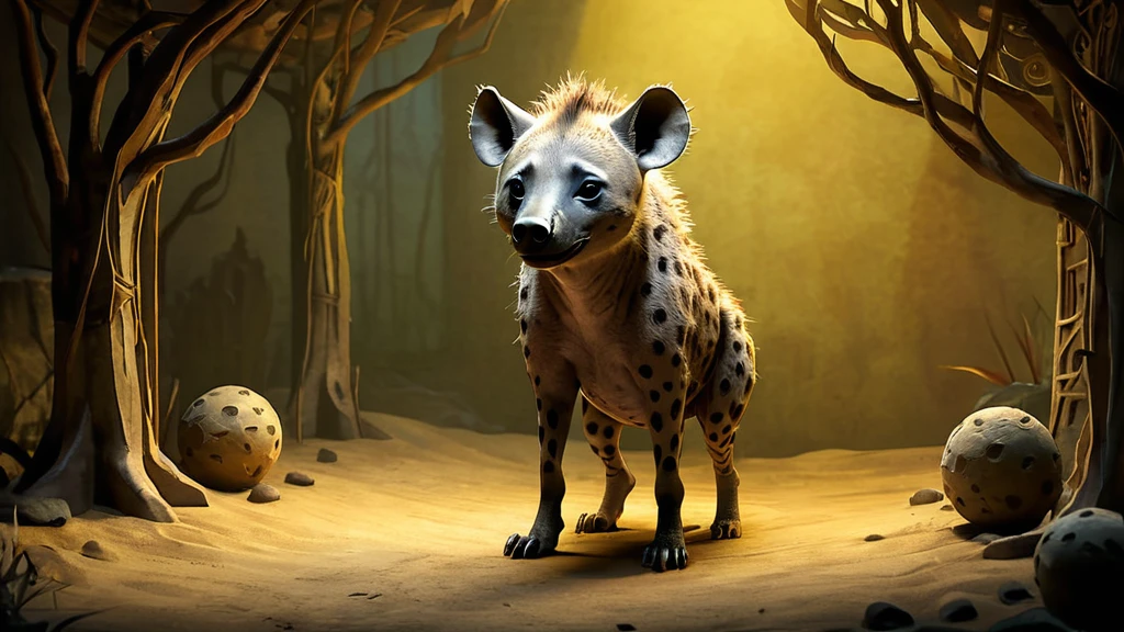 Eine Hyäne steht in einem mystischen Wald mit sanftem Licht.