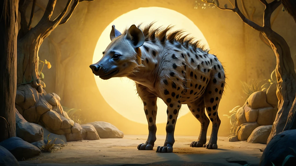 Eine Hyäne steht in einer Höhle mit einem leuchtenden Hintergrund.