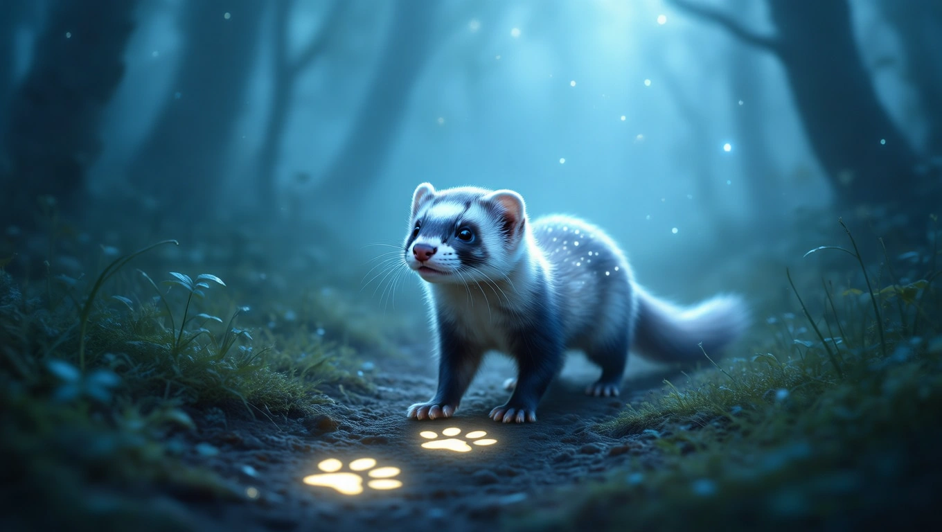 Ein Iltis steht auf einem schmalen Pfad im Wald, umgeben von sanftem Licht.