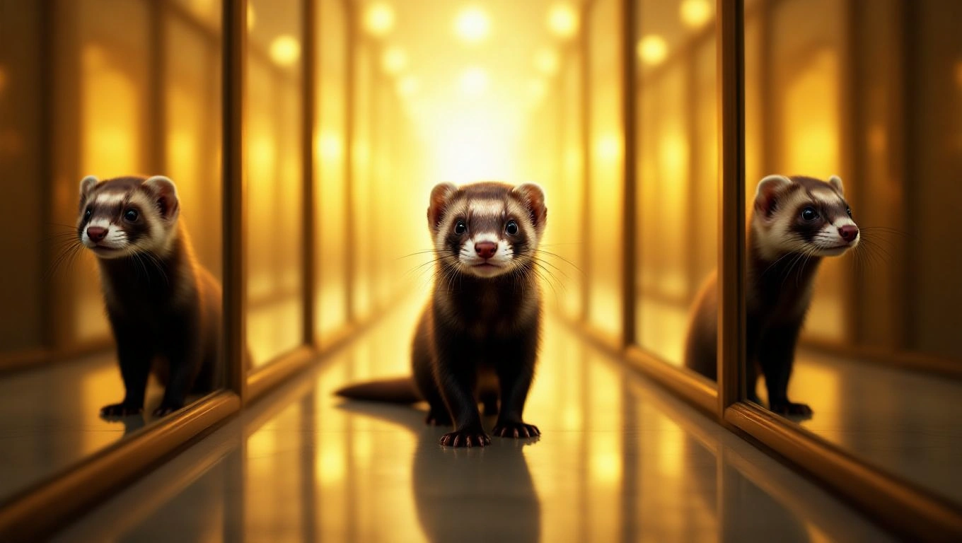 Ein Iltis steht in einem hell erleuchteten Gang und schaut neugierig.