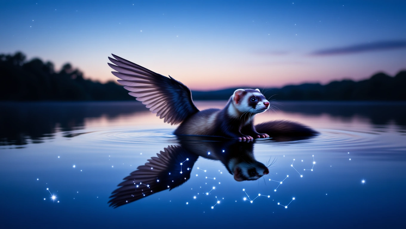 Ein Iltis mit Flügeln schwimmt im ruhigen Wasser unter einem Sternenhimmel.