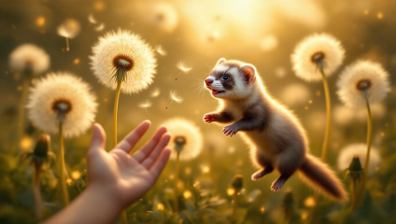 Ein Iltis springt fröhlich in einem Feld voller Löwenzahnblüten.