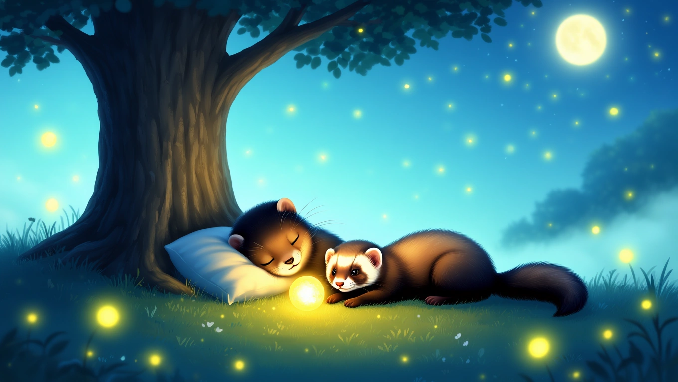 Zwei Iltisse schlafen unter einem Baum, umgeben von Glühwürmchen.