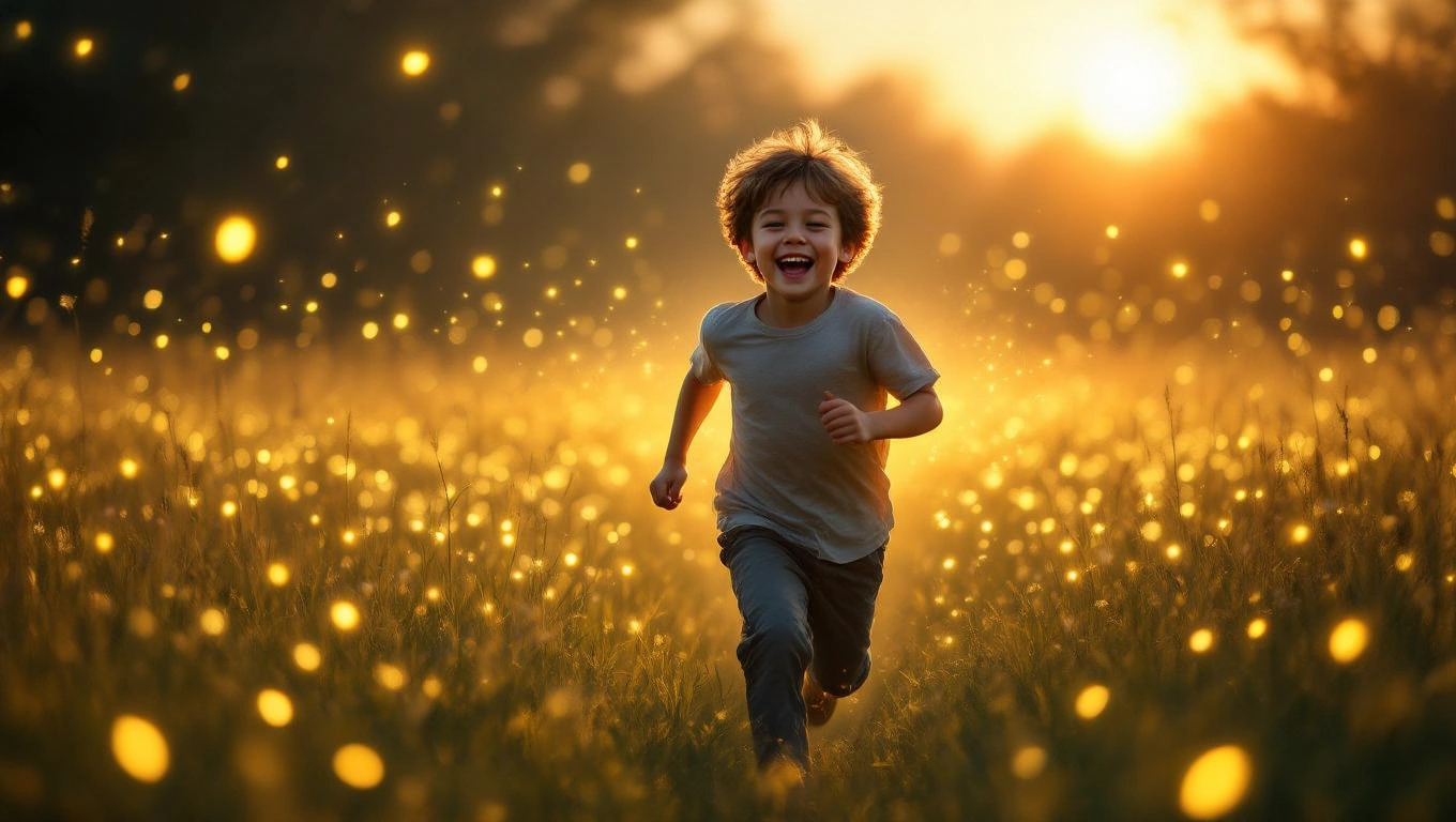 Ein fröhlicher Junge läuft durch ein goldenes Feld bei Sonnenuntergang.