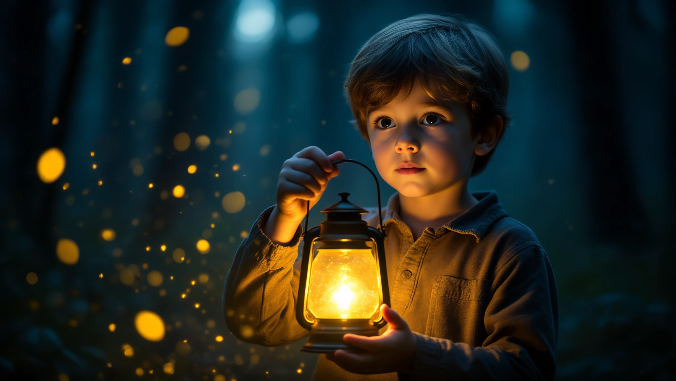 Ein Junge hält eine leuchtende Laterne im dunklen Wald.