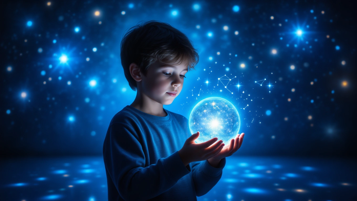 Ein Junge hält eine leuchtende Kugel in einer magischen, blauen Umgebung.