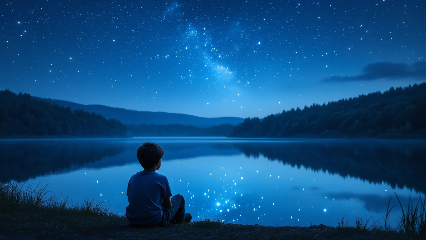Ein Junge sitzt am Ufer eines ruhigen Sees unter einem sternenklaren Himmel.
