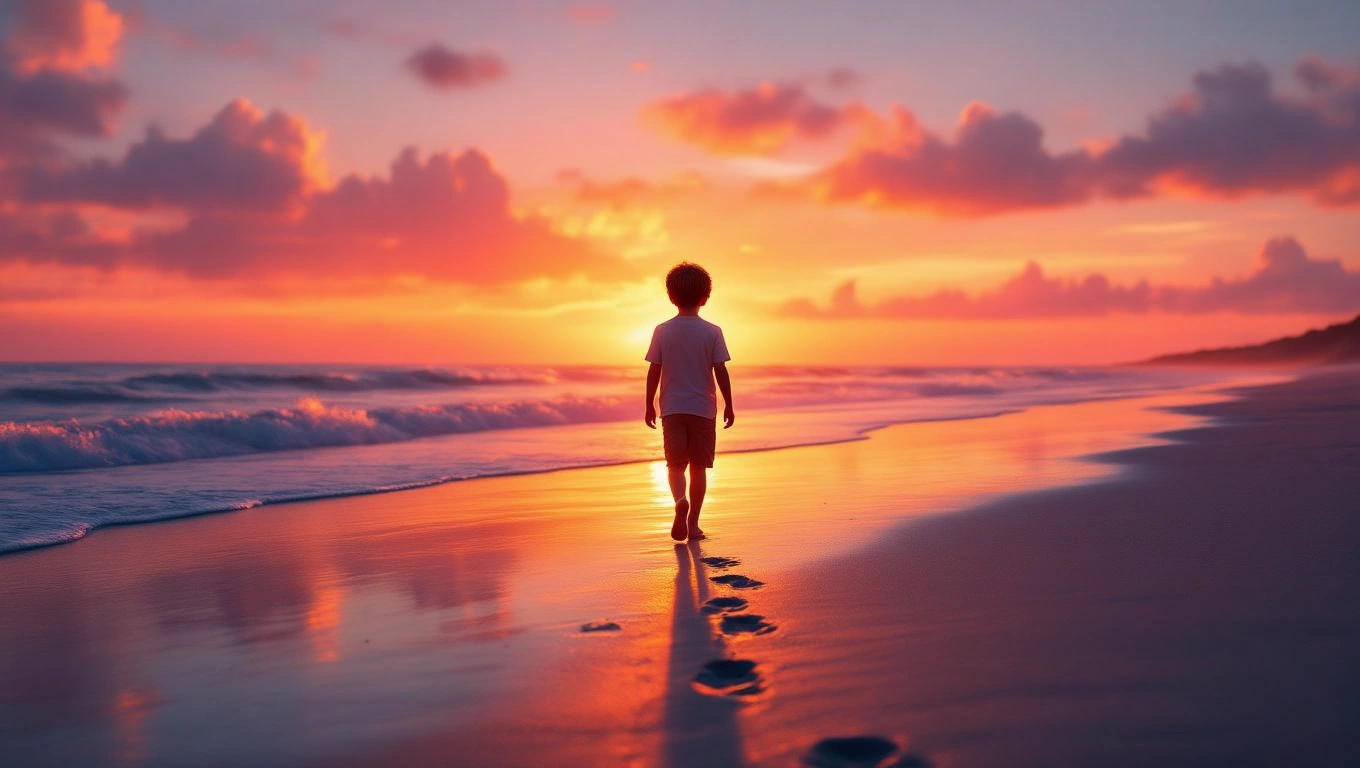 Ein Junge geht am Strand entlang, während die Sonne untergeht und den Himmel in warmen Farben erleuchtet.