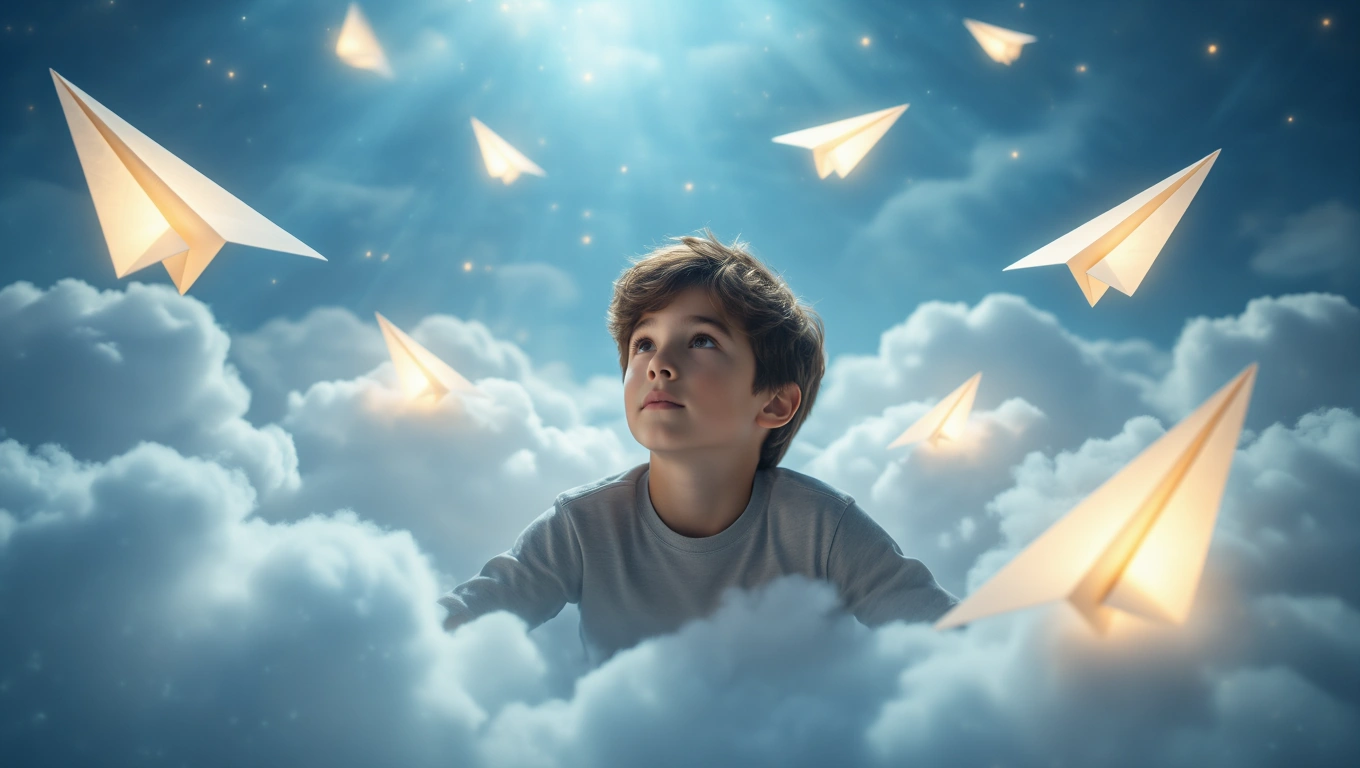 Ein Junge schaut verträumt in den Himmel, umgeben von fliegenden Papierfliegern.