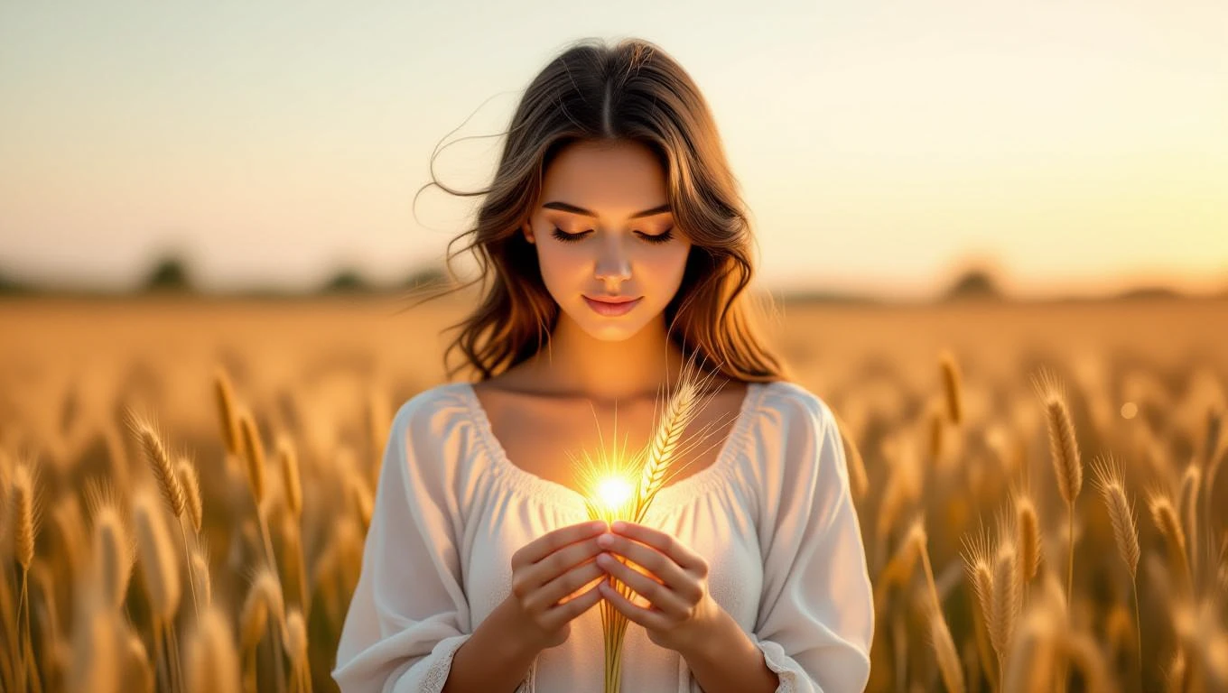 Eine junge Frau hält ein leuchtendes Weizenkorn in der Hand, umgeben von goldenem Feld.