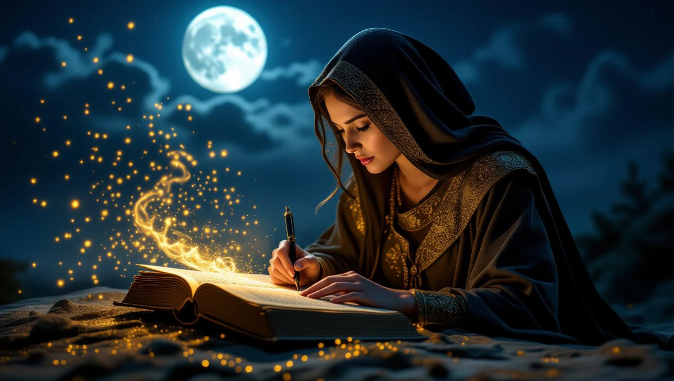 Eine Frau in einem dunklen Gewand schreibt in ein leuchtendes Buch unter dem Mond.