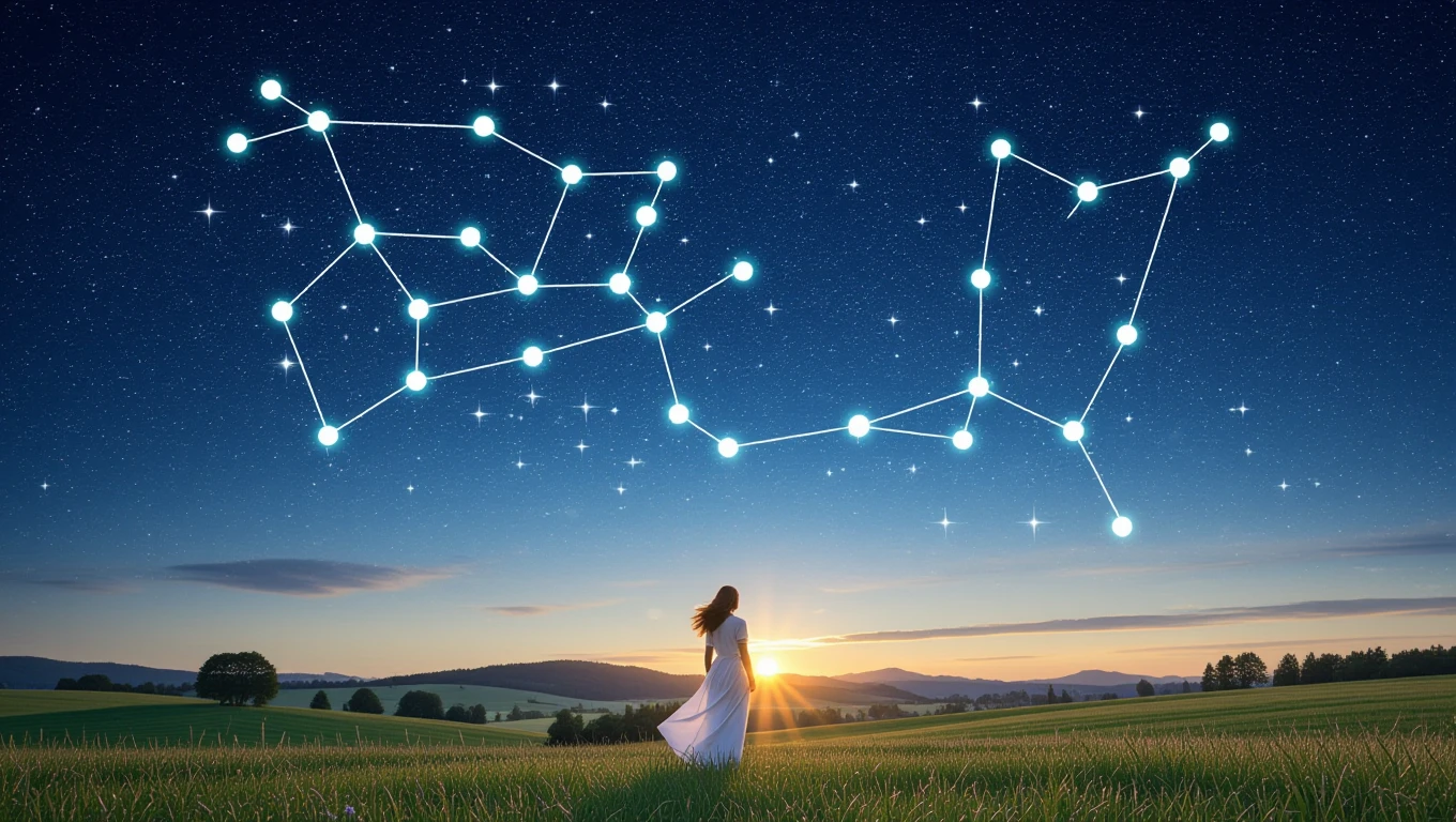 Eine Frau in einem weißen Kleid steht auf einem Feld und betrachtet den Sternenhimmel.