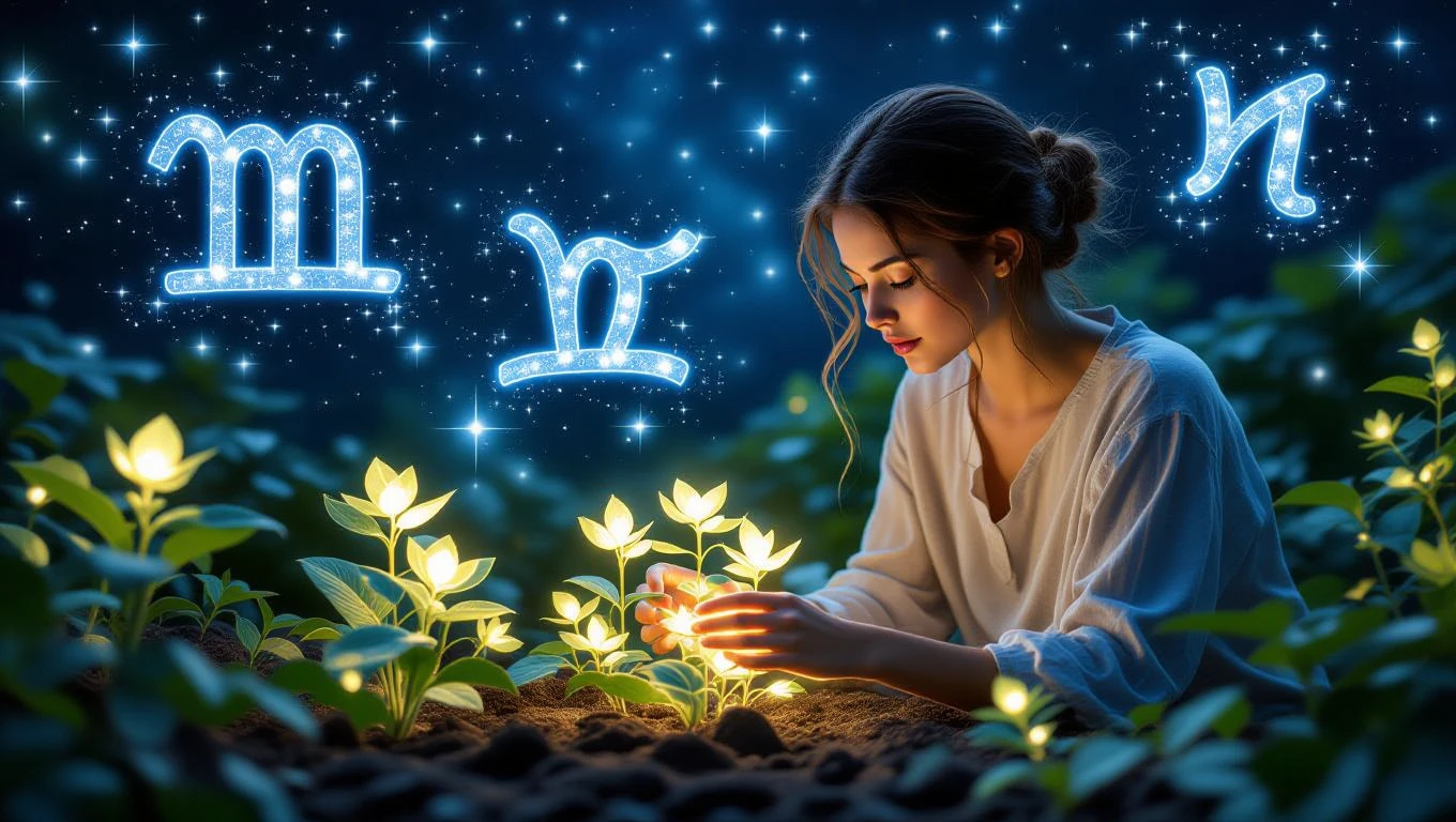 Eine Frau, die in einem nächtlichen Garten mit leuchtenden Pflanzen arbeitet, umgeben von Sternen.