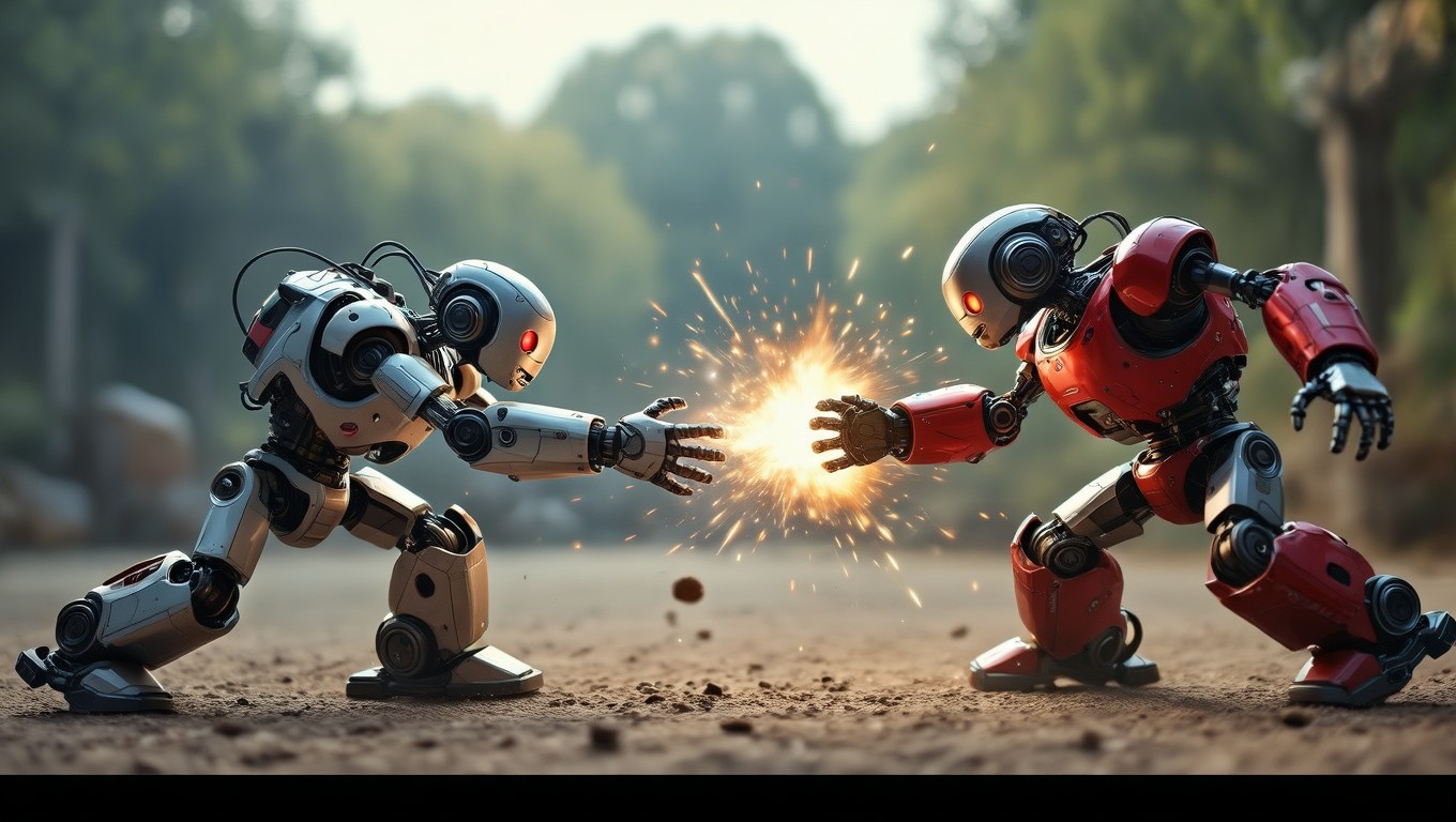 Zwei kämpfende Roboter, die Energie aus ihren Händen abfeuern.