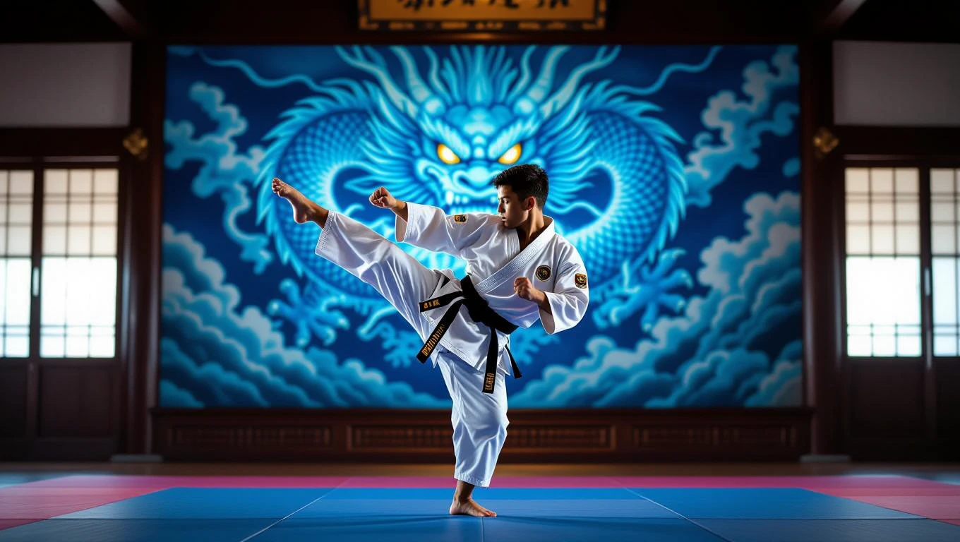 Ein Kampfsportler führt einen hohen Kick in einem Dojo mit Drachenmotiv aus.