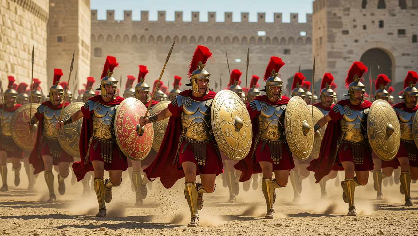 Eine Gruppe römischer Soldaten in voller Rüstung, die in einer staubigen Arena kämpft.