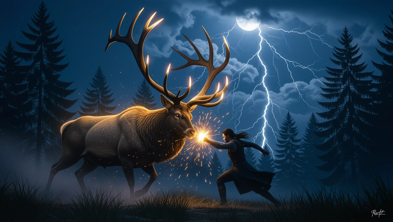 Eine Person kämpft gegen einen majestätischen Hirsch in einem stürmischen Wald.