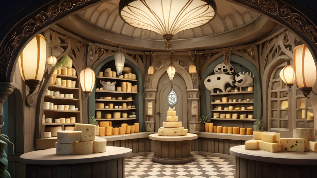 Ein gemütlicher Käseladen mit verschiedenen Käsesorten auf Regalen.
