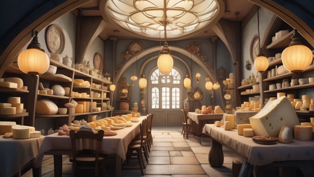Ein gemütlicher Käseladen mit verschiedenen Käsesorten auf Tischen und Regalen.