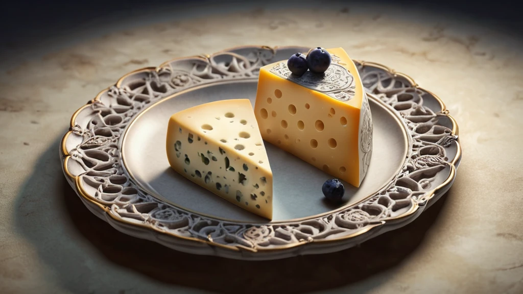 Zwei Käsestücke auf einem eleganten Teller, eines mit Löchern und das andere mit Kräutern.