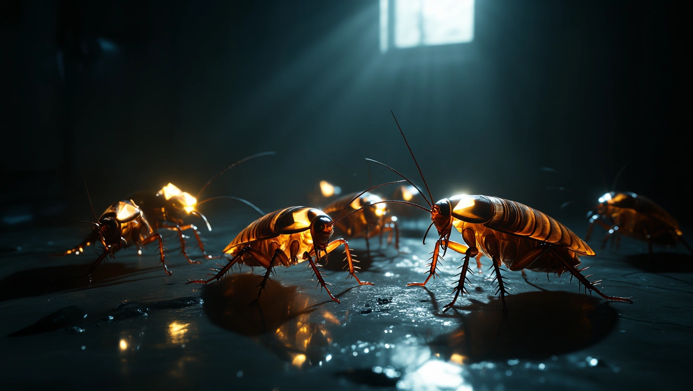 Eine Gruppe von Kakerlaken in einem dunklen Raum mit Lichtstrahlen.