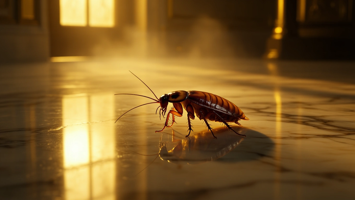 Eine Kakerlake auf einem glänzenden Boden, beleuchtet von warmem Licht.