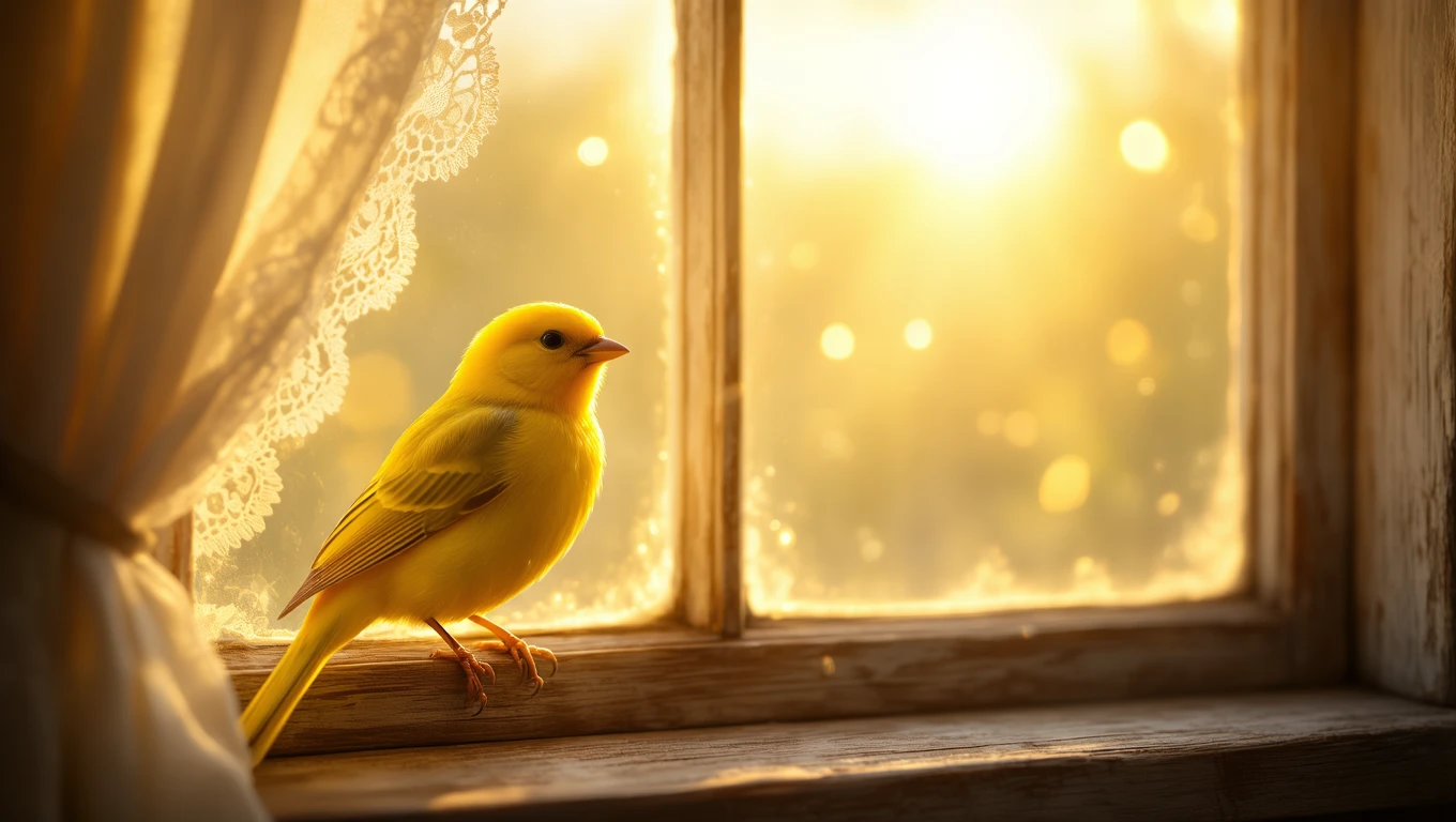 Ein gelber Kanarienvogel sitzt am Fenster und genießt das Sonnenlicht.