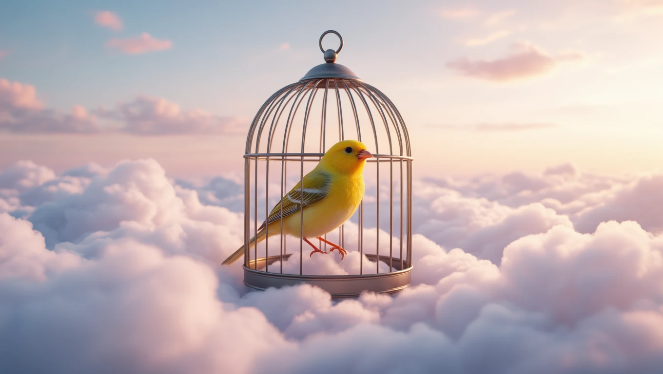 Ein gelber Kanarienvogel sitzt in einem Käfig auf Wolken.