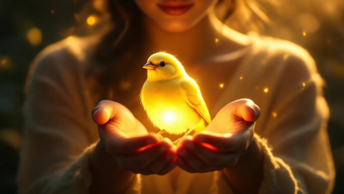 Eine Person hält einen leuchtenden Kanarienvogel in den Händen.