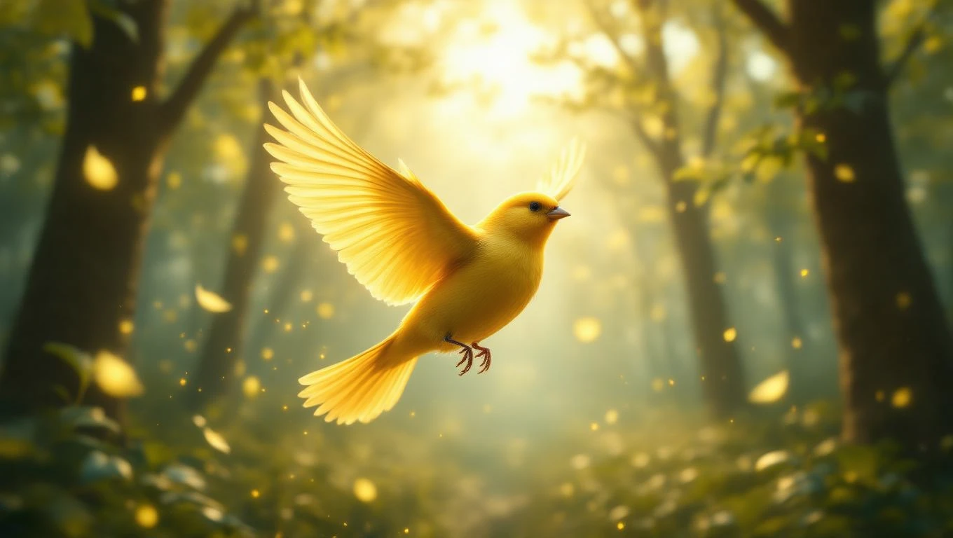 Ein gelber Kanarienvogel fliegt durch einen sonnendurchfluteten Wald.