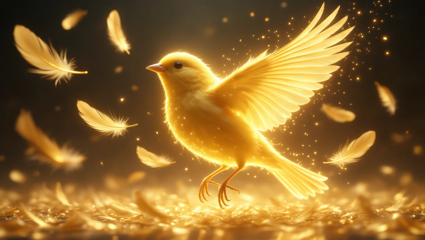 Ein leuchtend gelber Kanarienvogel mit ausgebreiteten Flügeln schwebt über goldenen Federn.