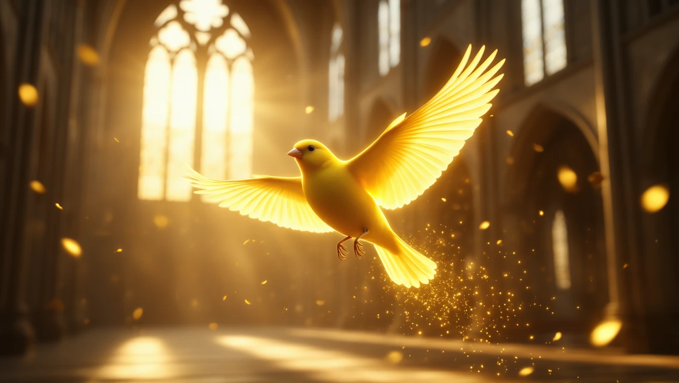 Ein leuchtend gelber Kanarienvogel fliegt in einem lichtdurchfluteten Raum.