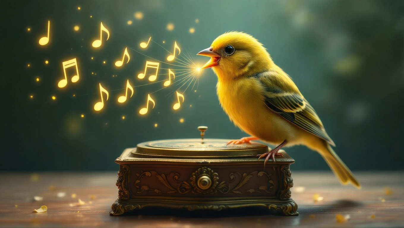 Ein fröhlicher Kanarienvogel singt auf einer antiken Musikdose.