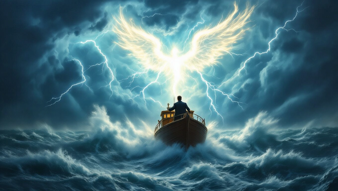 Ein Kapitän auf einem Boot, umgeben von stürmischer See und blitzen.