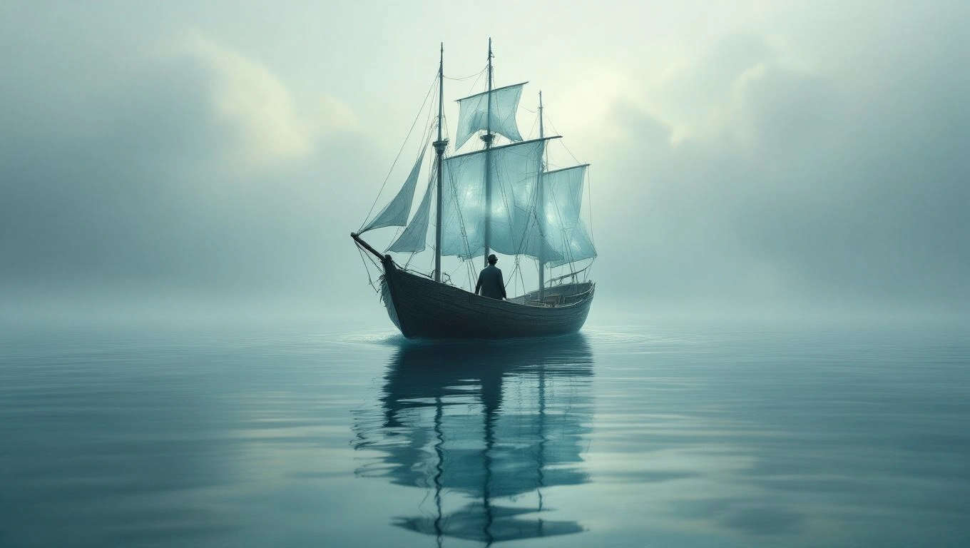 Ein Kapitän steuert ein Schiff durch nebliges Wasser, Symbol für innere Stärke.