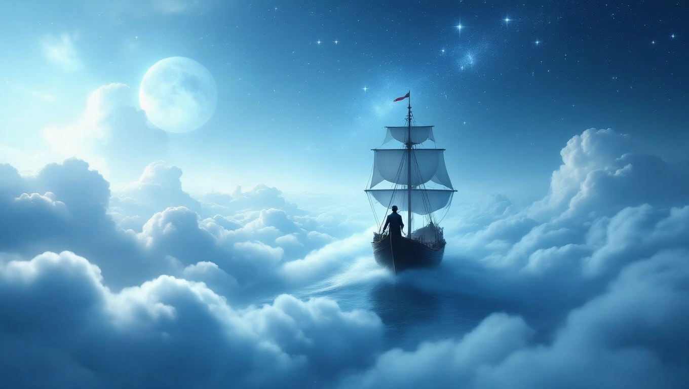 Ein Kapitän steuert ein Schiff durch traumhafte Wolkenlandschaften unter einem klaren Sternenhimmel.