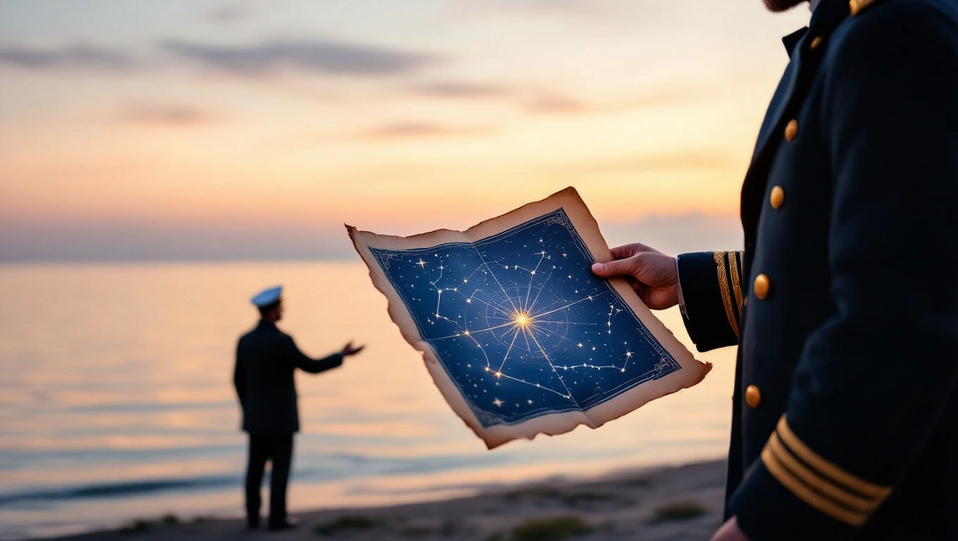Ein Kapitän hält eine Sternenkarte am Strand, während ein anderer Kapitän im Hintergrund steht.