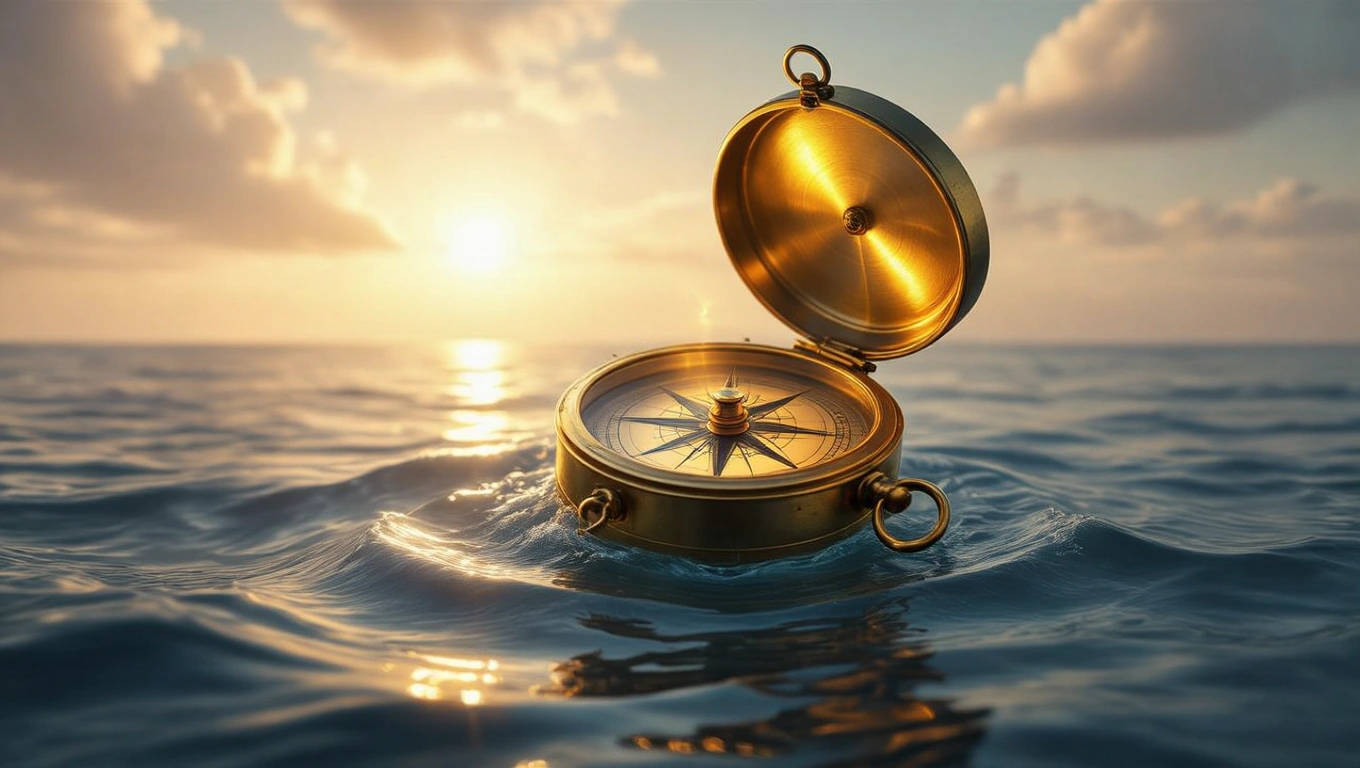 Eine goldene Kompass auf dem Wasser, symbolisiert Führung und Orientierung.