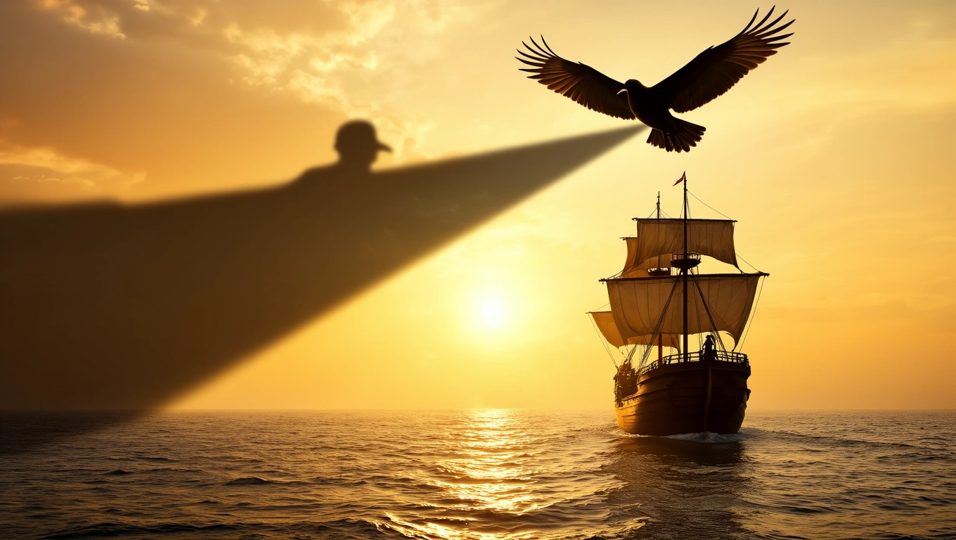 Ein Schiff segelt in den Sonnenuntergang, während ein Schatten und ein Vogel darüber fliegen.